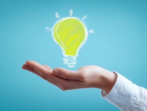 手のひらの上で光り輝く電球のイラストとアイデアを閃くビジネスウーマンの手元