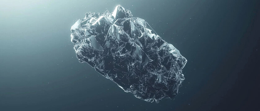 Large fragmented crystal object with intricate geometric facets suspended in a dark, particle-filled blue-grey space