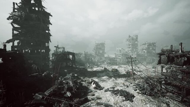 Flooded ruined avenue under pale sky, waterlogged streets with scattered rubble and submerged cars, broken bridge framing distant skyline, mist rising