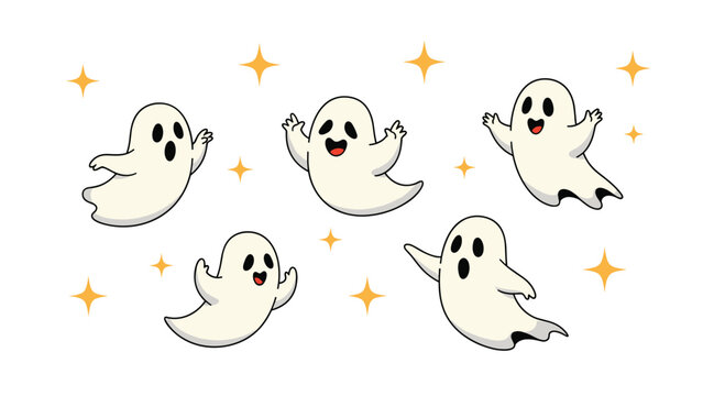 Group of cheerful little ghosts float and dance among bright yellow stars in a playful Halloween themed illustration.