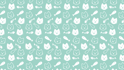 Cute cats and fish float gently on mint green background. White silhouettes create a playful, repeating pattern. Soft pastel tones evoke calm and joy. Ideal for children's books, stationery © rochmuch