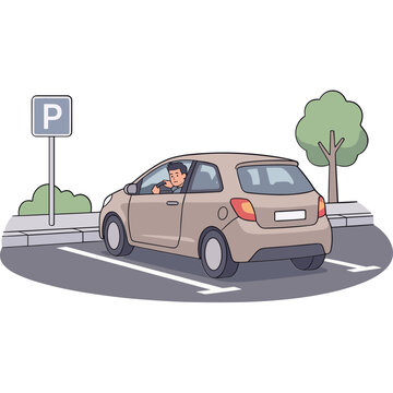 A cartoon car parks beside a tree and a parking sign on a city street.