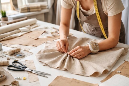 Designer pinning linen fabric on studio table with patterns and tools, showing garment construction, fashion development and tailoring workflow