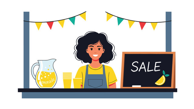 Smiling young woman with curly hair standing at a lemonade stall with a sale sign and festive colorful bunting flags.