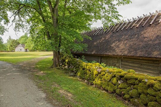 Moss-coverd stone walls along narrow gravel path in summer, Koguva village, Muhu, Estonia, Europe.
