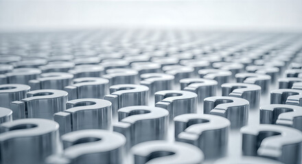 Fototapeta premium massive endless array of metallic 3d question marks standing on bright reflective surface vanishing into distance mystery support faq uncertainty choice background