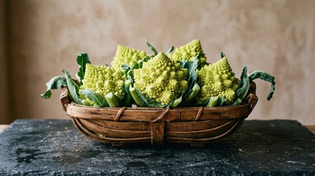 Basket of romanesco cauliflower heads displayed on a dark tabletop, rustic produce portrait celebrating fractal geometry, crisp green florets, organic structure, and heirloom harvest abundance