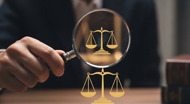 A hand holds a magnifying glass over a digital golden scales of justice icon, symbolizing legal investigation and fairness.