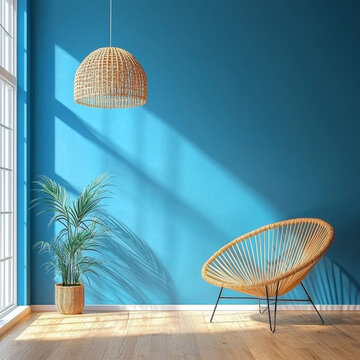 Sunny room with blue wall, woven chair, light, and plant Dappled sunlight casts shadows on the floor and wall