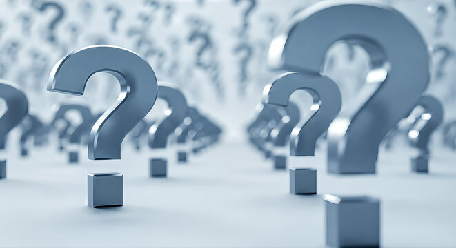 scattered silver metal question marks light grey background abstract business concept asking questions searching solutions finding answers resolving dilemma help internet support forum