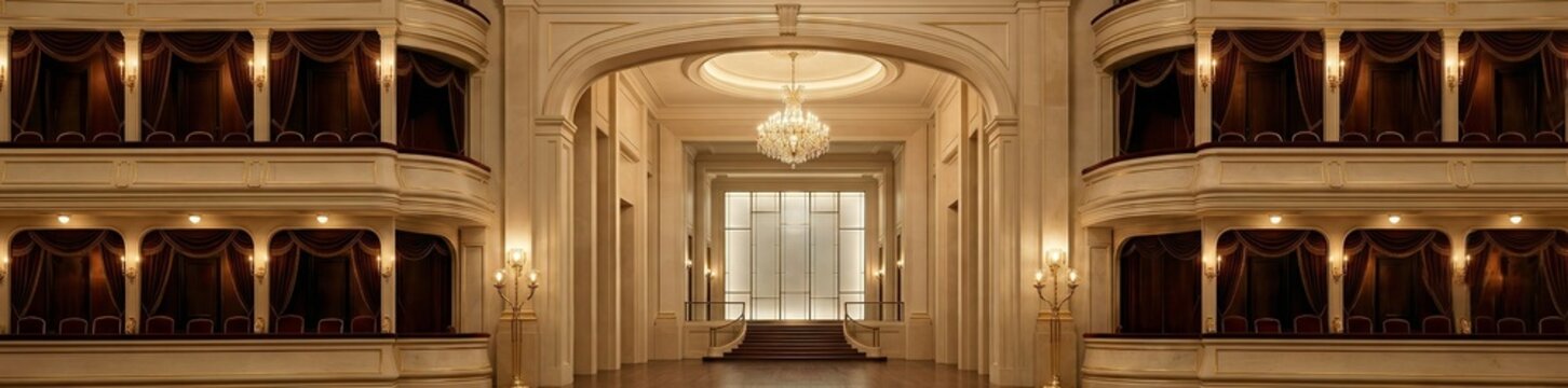 Elegant interior of a grand opera house with ornate balconies, chandeliers, and warm lighting.