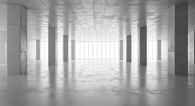 empty modern concrete interior space large columns panoramic windows bright natural light industrial architecture abstract indoor background under construction real estate concept