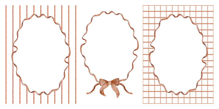 Frame vintage ribbon, bow on red stripes, checkered print. Hand-drawn watercolor illustration in retro style. Template isolated background for design children's cards, Christmas greeting invitations