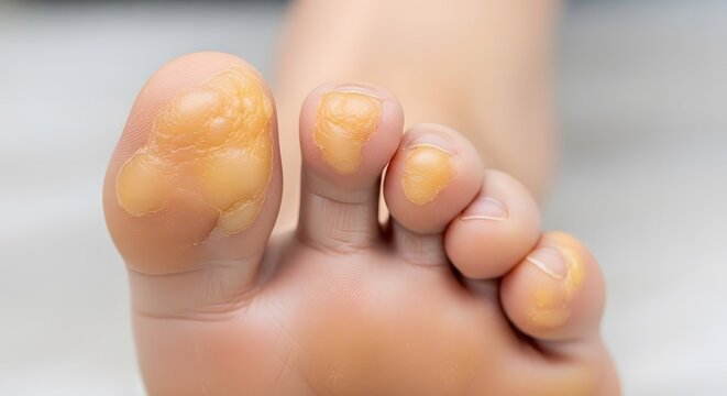 Detailed view of human toes affected by severe blisters and thick yellow calluses from friction or tight shoes.