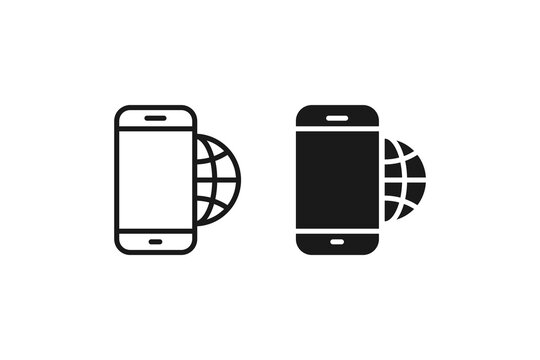 Mobile phone with global network connection solid and outline icon