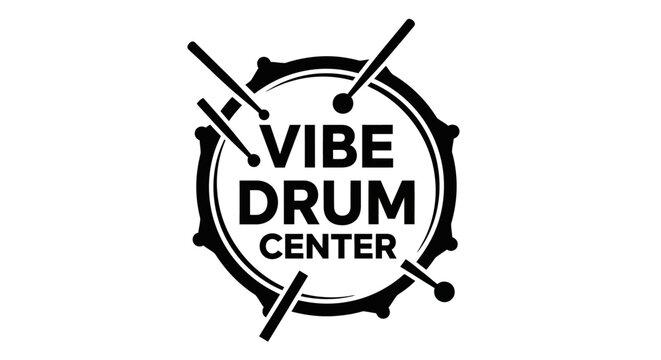 Drum logo with drumsticks and text.