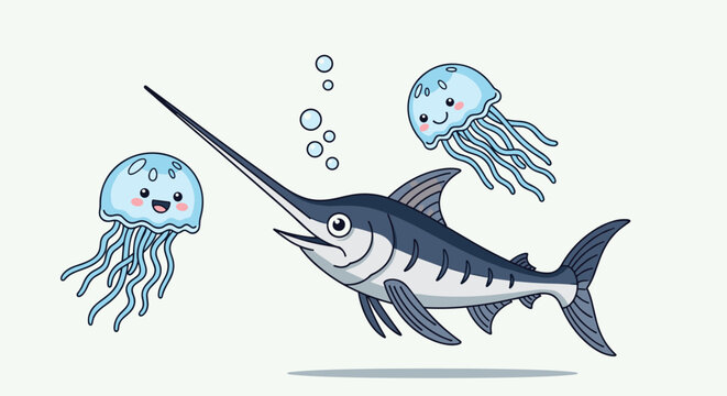 Cute cartoon illustration of a swordfish swimming underwater accompanied by two happy blue jellyfish and floating bubbles.