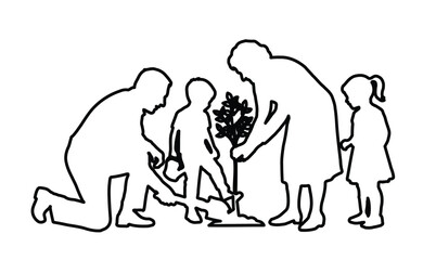 Obraz premium Minimalist family planting tree outline vector, black line art of parents and children gardening, environmental conservation concept illustration