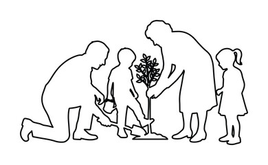 Obraz premium Minimalist family planting tree outline vector, multi-generational family gardening silhouette, parents and children environmental conservation concept