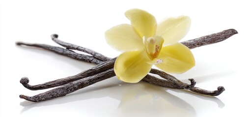 Fototapeta premium The Vanilla Beans and Yellow Orchid on White Background for Gourmet Food Photography