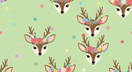 Naklejka premium Elegant seamless pattern of deer heads wearing beautiful flower crowns on a soft green background with dots.