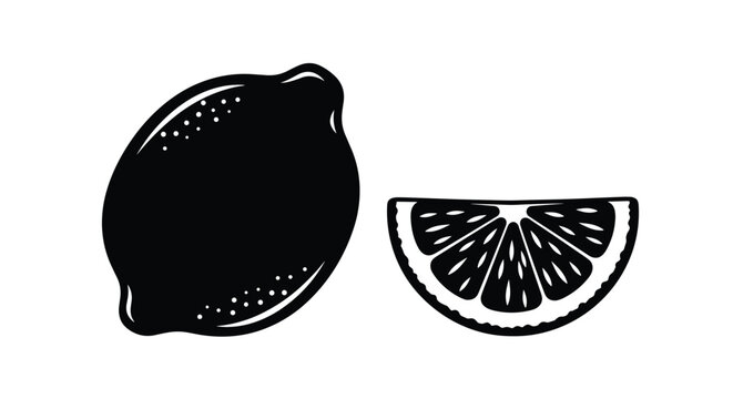 Minimalist black silhouette of a whole lemon and a single wedge slice illustrating fresh citrus fruit concept.