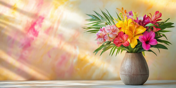 Bright tropical bouquet with colorful flowers in a ceramic vase on a table with warm light and soft abstract background