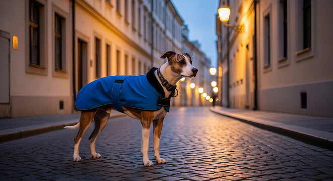 Whippet mix wearing blue coat on cobblestone city street at night