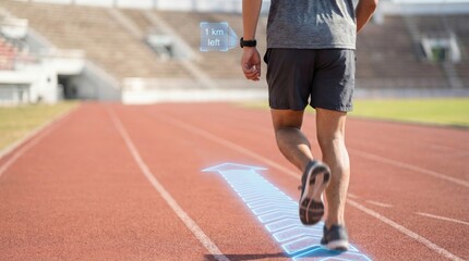 Obraz premium Man running on stadium track with smartwatch showing digital navigation interface. Augmented reality for athletes and marathon training. Modern wearable technology and fitness tracking concept.