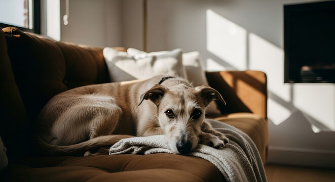 Cozy Whippet Mix Dog Resting on a Brown Sofa in Sunny Living Room