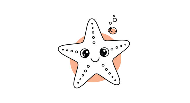 Adorable outline of a smiling starfish with large eyes and pink cheeks centered in a peach circle on a white background.