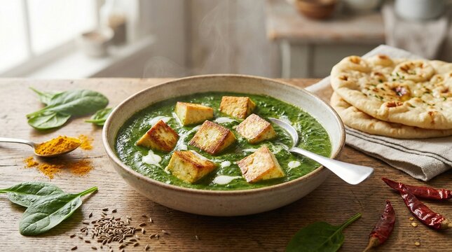 Palak tofu spinach curry served in bowl with naan bread on table  