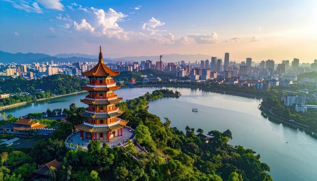 A stunning aerial view showcases a traditional Chinese pagoda nestled amidst lush greenery, overlooking a sprawling cityscape and a tranquil river bathed in the warm glow of sunset.