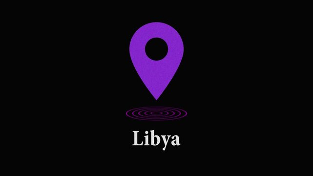 Animated purple map pin icon with ripple effect over 'libya' text on black