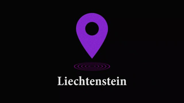 Animated purple map pin icon with ripple effect over 'liechtenstein' text