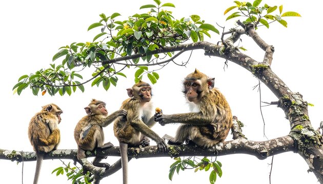 Four monkeys perched on a tree branch with green leaves against a bright white background. They interact with each other