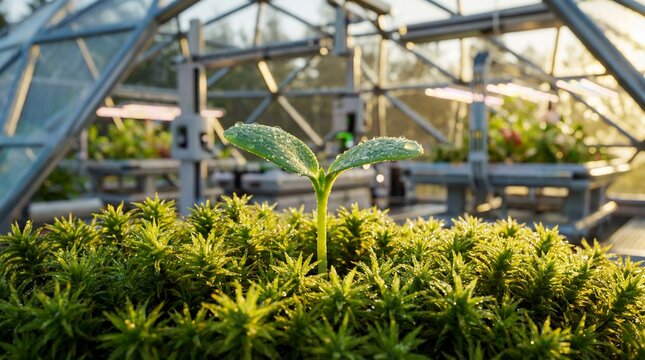 Young green cannabis plant sprouting in indoor hydroponic farm with LED grow lights