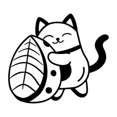 A glyph style icon depicting a cat holding salmon snack    © Vectors Market