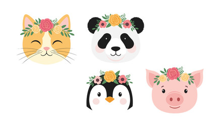 Obraz premium Collection of cute animal heads including a cat, panda, penguin, and pig all wearing colorful floral crowns for kids nursery decoration.
