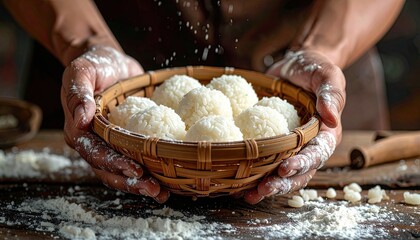 Fototapeta premium A pair of hands gently holds a woven basket filled with fluffy, powdered rice balls.