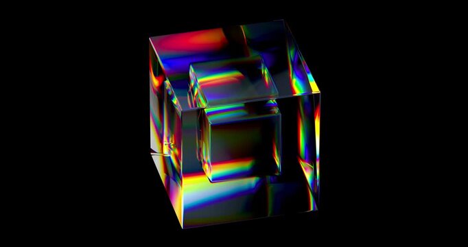Isolated transparent glass cube refracting vivid rainbow light with sharp geometric clarity.