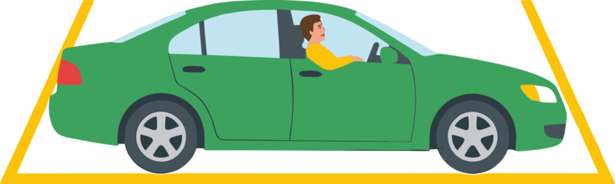 A person drives a green car inside a yellow triangle on road