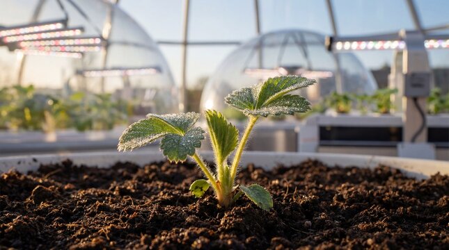 strawberry sprout growing in greenhouse with soil and light