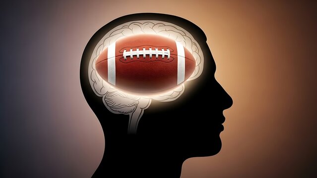 Football inside human brain silhouette graphic illustration concept