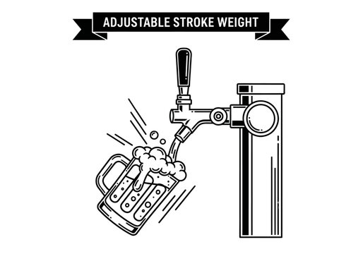 Beer Tap Pouring Draught Beer into Mug Vector Illustration, Minimalist Line Art Icon for Brewery, Pub, and Bar Branding