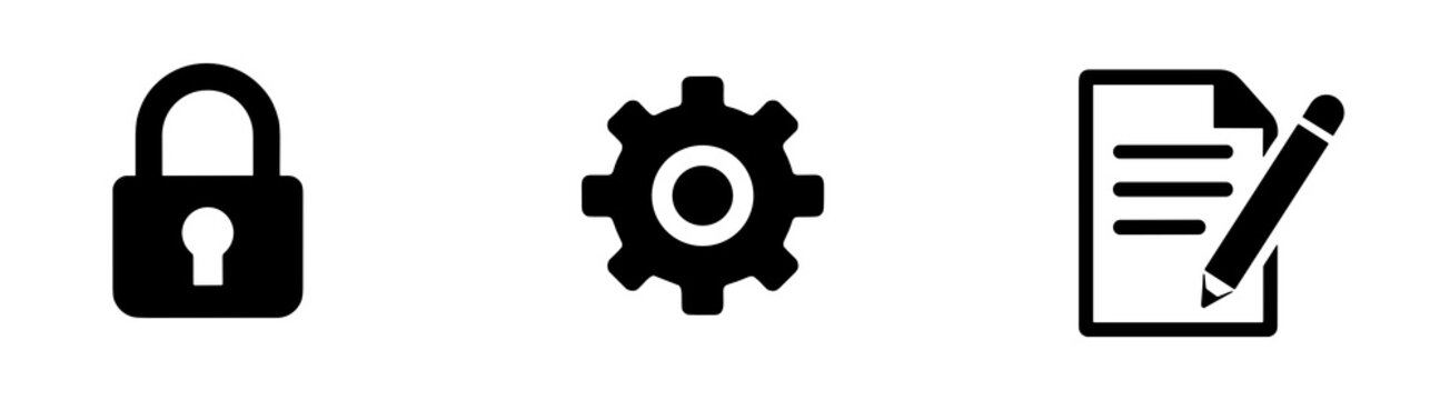 Security and workflow icon set with padlock, settings gear and signed document. Clean black vector symbols isolated on a transparent background for privacy, admin and management themes.