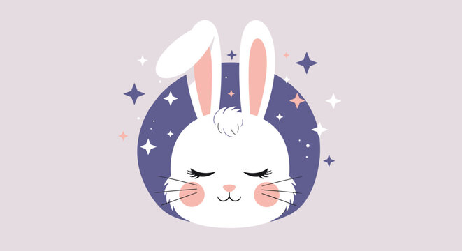 Cute white rabbit with closed eyes and pink cheeks is shown against a purple circular background filled with white and pink stars in the night sky.