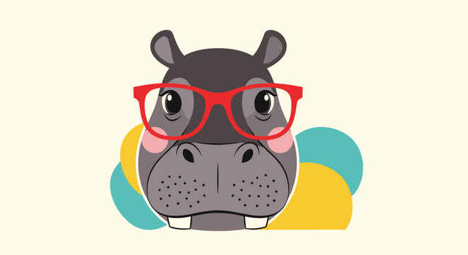 Cute hippo face wearing large red-rimmed glasses is shown against a cream background decorated with colorful abstract circles in blue and yellow.