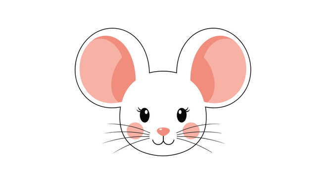 Close up view of a sweet white mouse face with large pink ears, long whiskers, and rosy cheeks on a solid white background.
