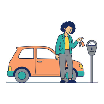 A woman stands beside her orange car holding keys near a parking meter.